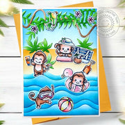 Sunny Studio Stamps Monkey Playing at the Beach in Ocean Waves Summer Card using Jungle Vines Metal Cutting Craft Dies