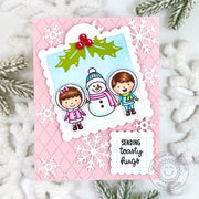 Sunny Studio Stamps Pink Quilted Kids & Snowflakes Winter Holiday Christmas Card using Scalloped Square Tag Metal Craft Dies