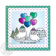 Sunny Studio Punny White Seal Scalloped Square Winter Holiday Birthday Card using Let's Chill 2x3 Mini Clear Craft Stamps