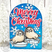 Sunny Studio Red, White, and Blue Snow Seals Merry Christmas Stitched Arch Winter Holiday Card using Let's Chill Clear Stamps