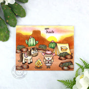 Sunny Studio Happy Trails Cowgirl with Horse, Campfire, Tent & Catcus Summer Camping Card using Looking Sharp Clear Stamps