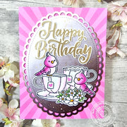 Sunny Studio Stamps Love Birds with Teapot & Teacups Handmade Birthday Card using Scalloped Oval 3 Metal Cutting Craft Dies
