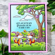 Sunny Studio Foxes with Birds in Flower Garden Spring Friendship Card using Majestic Meadow 6x6 Background Clear Craft Stamps