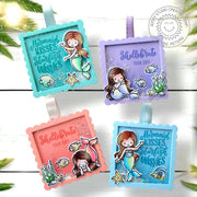 Sunny Studio Handmade DIY Scalloped Square Glitter Shaker Gift Tags Set using Mermaid Kisses Clear Craft Stamps & Metal Dies