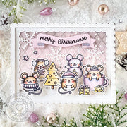 Sunny Studio Merry Christmouse Scalloped Frosted Plum Mouse Holiday Christmas Card using Merry Mice 4x6 Clear Craft Stamps
