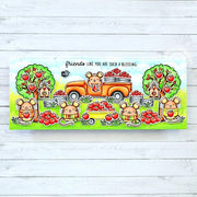 Sunny Studio Mouse with Apple Trees & Orange Pick-up Truck Fall Friendship Slimline Card using Merry Mice 4x6 Clear Stamps