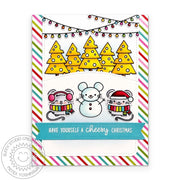 Sunny Studio Mouse with Snowman & Cheese Trees Colorful Striped Holiday Christmas Card using Merry Mice Clear Craft Stamps