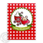 Sunny Studio Red Gingham Mouse in Mug with Mocha Coffee & Hot Cocoa Holiday Christmas Card using Merry Mice Clear Craft Stamp