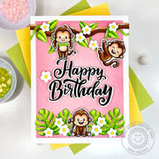 Sunny Studio Monkeys Hanging From Jungle Vines with Flowers Pink DIY Birthday Card using Monkey Business Clear Craft Stamps