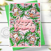 Sunny Studio Monkey Hanging From Tropical Jungle Vines Handmade Summer Birthday Card using Monkey Business Clear Craft Stamps
