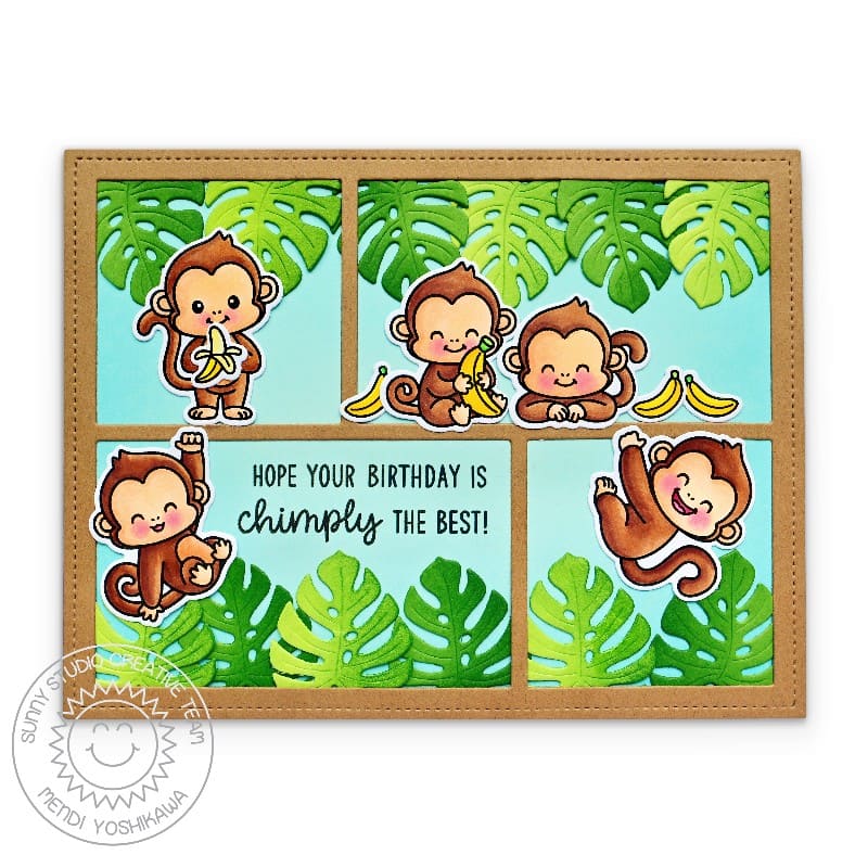 Sunny Studio Chimply The Best Birthday Punny Monkey & Tropical Leaves Card using Jungle Vines Metal Cutting Craft Dies