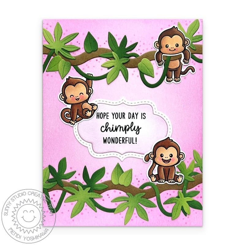 Sunny Studio Monkeys with Jungle Branches, Vines, & Leaves Pink Punny Handmade Card using Monkey Business Clear Craft Stamps