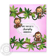 Sunny Studio Chimply Wonderful Punny Hanging Monkeys & Tropical Leaves Pink Card using Jungle Vines Metal Cutting Craft Dies