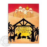 Sunny Studio Stable & Bethlehem Nativity Religious Holiday Card using Inside Greetings Christmas Clear Sentiment Craft Stamps