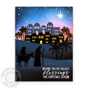 Sunny Studio Joseph & Mary on a Donkey Bethlehem Nativity Card using Inside Greetings Christmas Clear Sentiment Craft Stamps
