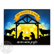 Sunny Studio Joseph, Mary & Baby Jesus in Stable Bokeh Nativity Card using Inside Greetings Christmas Clear Sentiment Stamps