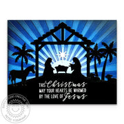 Sunny Studio Stamps Hearts Warmed By Jesus Embossed Nativity Scene Holiday Christmas Card using Sunburst 6x6 Embossing Folder