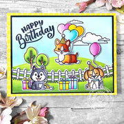Sunny Studio Dogs with Balloons, Presents & Fence Handmade Birthday Card using Party Pets & Country Scenes Clear Craft Stamps