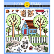 Sunny Studio Pathway Home 6x6 Clear Craft Stamps featuring House, Trees, Fence, Squirrels, Raccoon, & Wagon