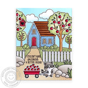 Sunny Studio Raccoon with Wagon, Apple Trees, & House Handmade DIY Fall Scene Card using Pathway Home 6x6 Clear Craft Stamps