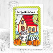 Sunny Studio Raccoon with Pumpkins in front of House Handmade Fall Congratulations Card using Pathway Home Clear Craft Stamps