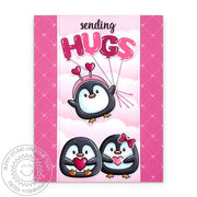 Sunny Studio Sending Hugs Penguin with Floating Alphabet Balloons Valentine's Day Card using Penguin Pair Clear Craft Stamps