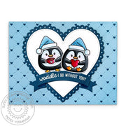 Sunny Studio Waddle I do Without You? Penguins Scalloped Heart Valentine's Day Card using Penguin Pair 3x4 Clear Craft Stamps