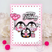 Sunny Studio Penguins & Pink Balloons Handmade Scalloped Birthday Card using Penguin Pair 3x4 Clear Photopolymer Craft Stamps