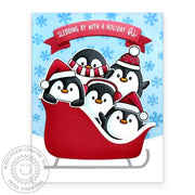 Sunny Studio Penguins Piled in Red Sleigh Holiday Christmas Card using Roly Poly Penguins & Penguin Pair Clear Craft Stamps