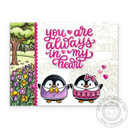 Sunny Studio You're in My Heart Penguin Couple Valentine's Day Card using Penguin Pair & Tulip Path Background Clear Stamps