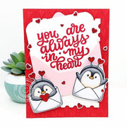 Sunny Studio Penguins in Envelopes Red Love-Themed Valentine's Day Card using My Heart 3x4 Clear Sentiment Craft Stamps