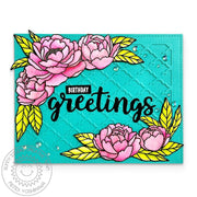 Sunny Studio Pink Peony Flowers on Die-cut Turquoise Background Birthday Greetings Card using Pink Peonies Clear Craft Stamps
