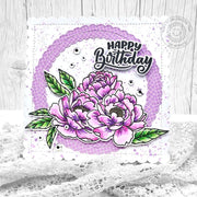 Sunny Studio Lavender Lilac Colored Floral Peony Flower Scalloped Spring Birthday Card using Pink Peonies Clear Craft Stamps
