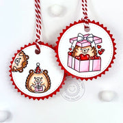 Sunny Studio Red & White Zig-Zag Circle Hedgehogs in Present Birthday Gift Tags using Quill Cuties 4x6 Clear Craft Stamps