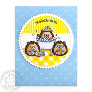 Sunny Studio Yellow Gingham "I'm Stuck On You" Punny Hedgehogs in Bathtub Tub Card using Quill Cuties 4x6 Clear Craft Stamps