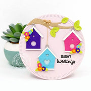 Sunny Studio Stamps Season's Tweetings Spring Birdhouse Circular Shaped Card using Radiating Circles Metal Cutting Craft Dies