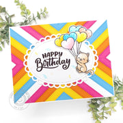 Sunny Studio Stamps Cat Hanging From Heart Balloons Colorful Striped DIY Birthday Card using Ribbon & Lace Border Craft Dies