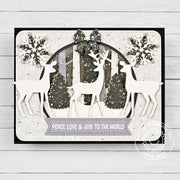 Sunny Studio Black & White Deer Snowy Snowglobe Christmas Card using Build-a-Greeting Holidays Clear Sentiment Craft Stamps