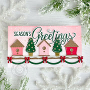 Sunny Studio Pink Holiday Birdhouses on Shelf Slimline Christmas Card using Season's Greeting Clear Sentiment Craft Stamps