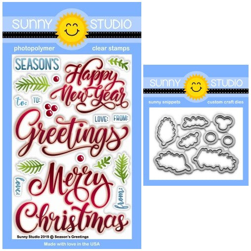 Sunny Studio Season's Greetings Large Christmas, Holiday & New Year's Sentiments Clear Stamps & Metal Cutting Craft Dies Set