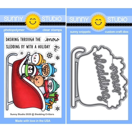 Sunny Studio Sledding Critters Animals in Winter Sleigh 3x4 Clear Craft Stamps & Metal Cutting Dies Set