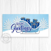 Sunny Studio Stamps Blue Sleigh with Snowy Trees Slimline Holiday Christmas Card using Sleigh Ride Surprise Metal Craft Dies