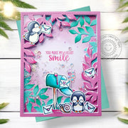 Sunny Studio You Make My Heart Smile Penguins with Letters & Mailbox Handmade Shaker Card using Snail Mail Clear Craft Stamps