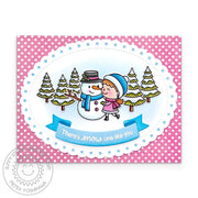 Sunny Studio Girl with Snowman Pink Polka-dot Handmade Holiday Christmas Card using Snow One Like You 2x3 Clear Craft Stamps