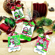 Sunny Studio Snowman Warmest Wishes Red & Green Christmas Holiday Gift Tags using Snowmen in Sweaters Clear Craft Stamps