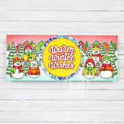 Sunny Studio Snowman Warm Winter Wishes Yellow Slimline Christmas Holiday Card using Snowmen in Sweaters Clear Craft Stamps