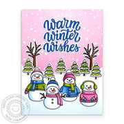 Sunny Studio Pink & Blue Snowman Warm Winter Wishes Holiday Christmas Card using Snowmen in Sweaters 4x6 Clear Craft Stamps