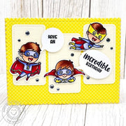 Sunny Studio Superhero Incredible Birthday Yellow Handmade DIY Card using Super Duper Clear Craft Stamps & Metal Cutting Dies