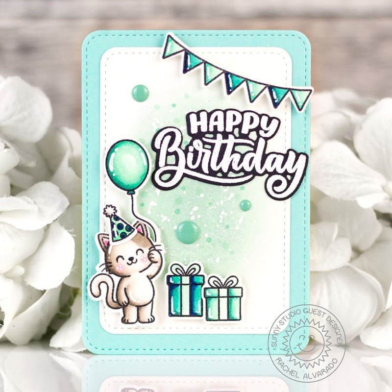 Sunny Studio Stamps Cat with Mint Balloon & Gifts Birthday Party Card using Rounded Rectangle Mat Stitched Metal Craft Dies