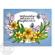 Sunny Studio Pastel Pink Tulips & Daffodils Floral Flowers Oval Friendship Card using Spring Garland 4x6 Clear Craft Stamps